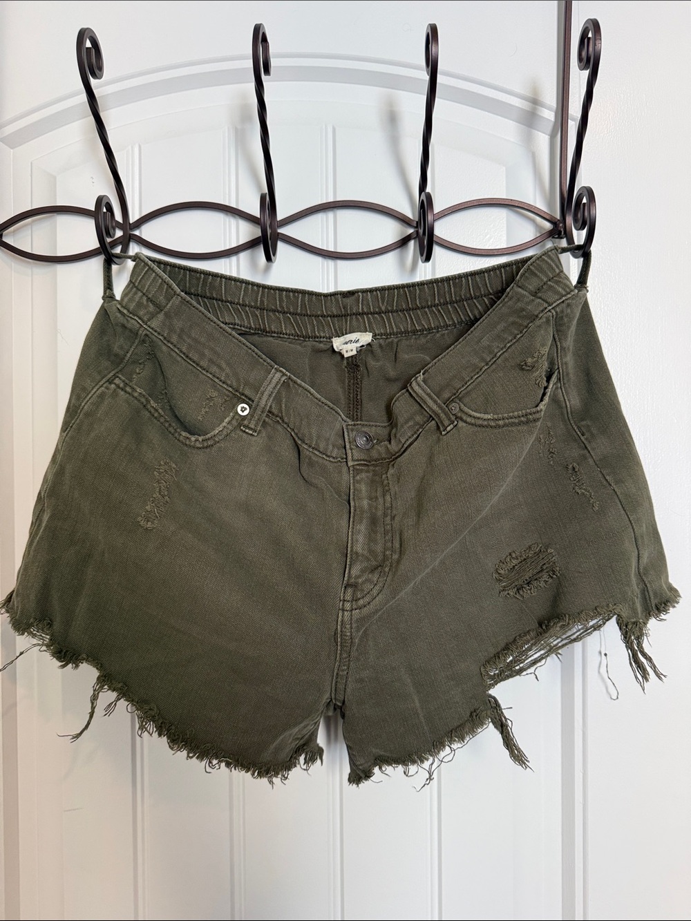 aerie Olive Green Distressed High-Waist Jean Shorts